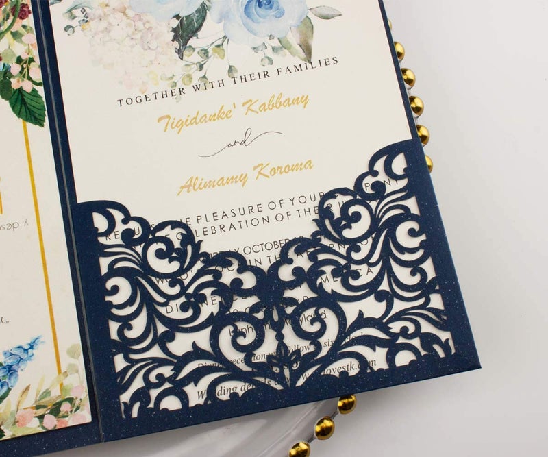 Lucky Star 25 sets 5X7 250GSM Pearl Navy Blue Tri Fold Wedding Invitations Cards With Envelopes Inserts for Wedding Bridal Shower Birthday - Image 3